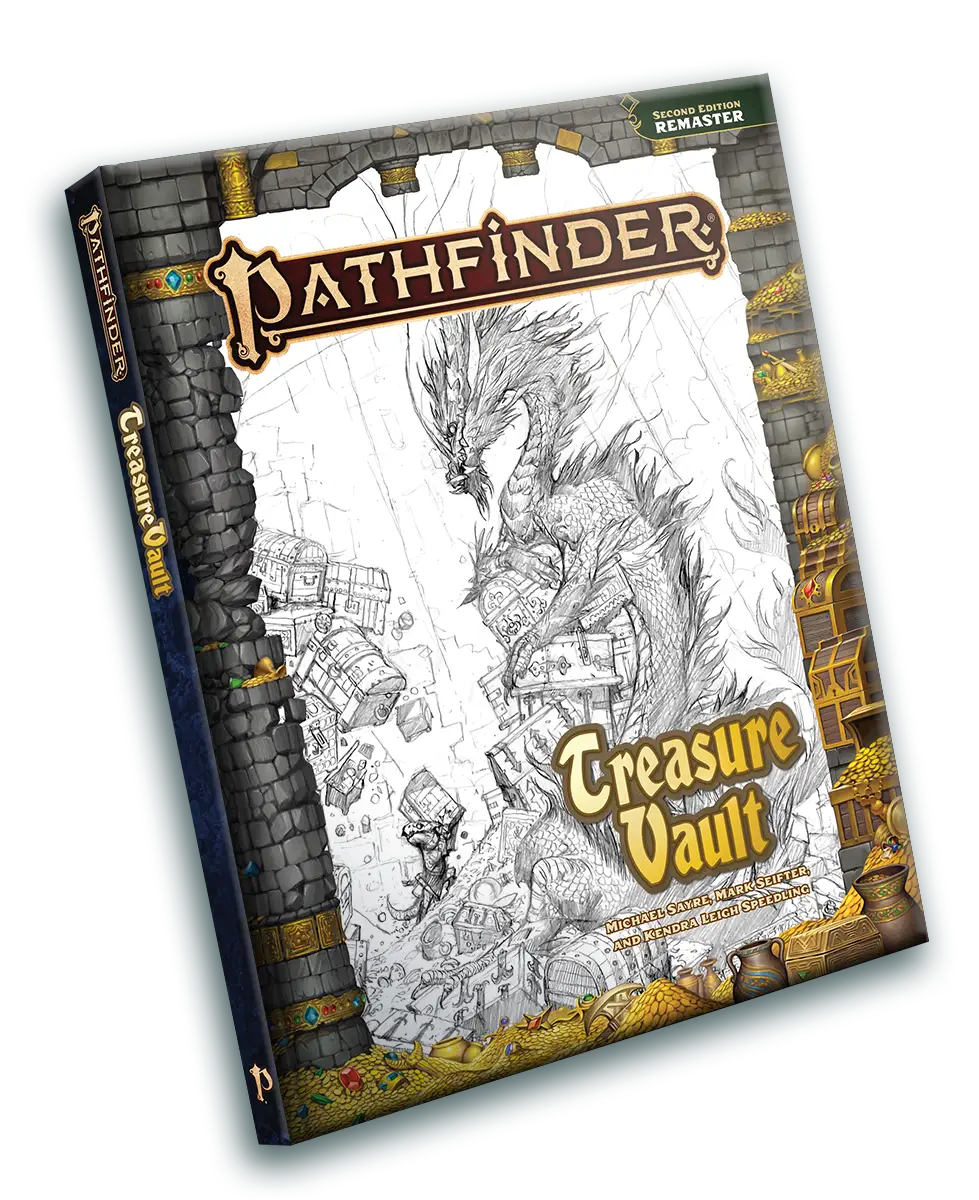 Pathfinder 2nd Edition Remaster Treasure Vault book showcasing Pathfinder treasure vault art