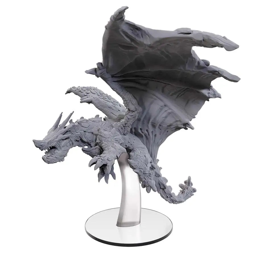 Unpainted gray adult Adamantine Dragon miniature with intricate details for Pathfinder Deep Cuts