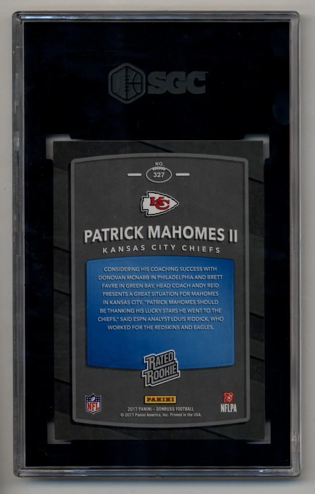 Patrick Mahomes Donruss Rookie card #327 in protective case for trading cards collectors