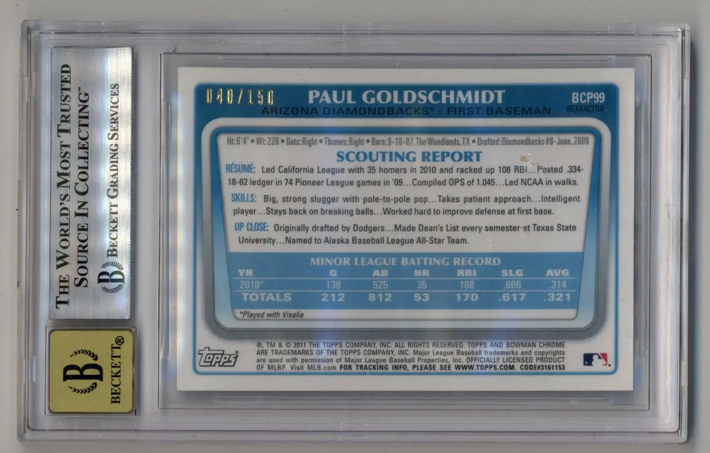 Paul Goldschmidt 2011 Bowman Chrome Prospects Auto Blue Refractor in BGS case
