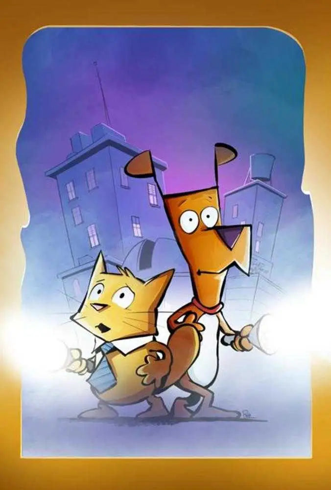 Cartoon cat and dog holding flashlights for Paw & Order TPB Volume 01 at Grilled Cheese Festival