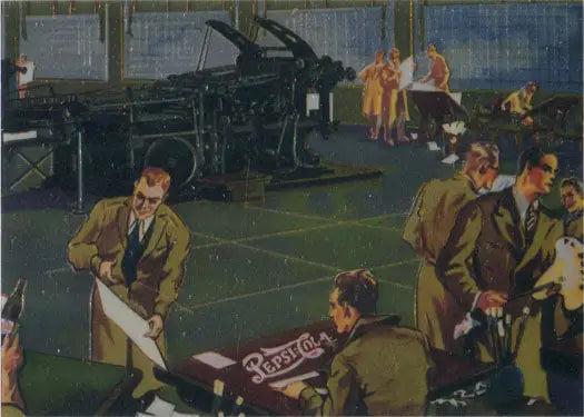Group of men examining aircraft parts in a hangar for Pepsi-Cola chrome chase card