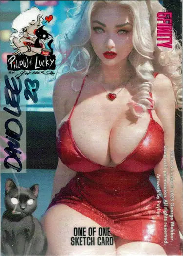 Blonde woman in red top with red lipstick featured on David Lee sketch card trading cards