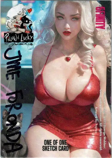 Woman with platinum blonde hair in red outfit for Jme Foronda sketch card