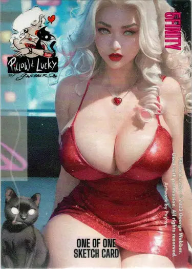 Woman with platinum blonde hair in red outfit and heart necklace for Roe Mesquita sketch card