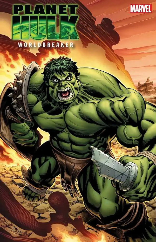 Muscular green Hulk charging with clenched fists against orange sky in trading cards