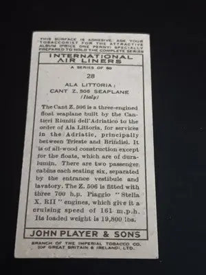 Players Cigarettes International Air Liners #28 ALA Littoria Seaplane card. EX - Non-Sports Card Single
