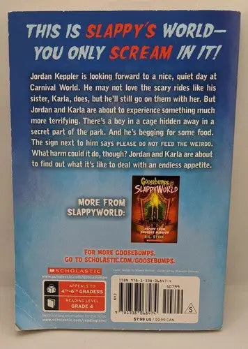 Back cover of a Goosebumps SlappyWorld book on store shelf pulls for store shelf display