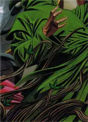 Vibrant green tropical leaves with pink accents on Project Superpowers trading card design