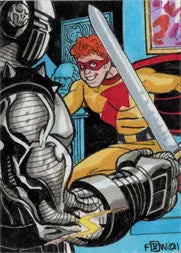 Cartoon superhero with sword battles robot in Project Superpowers sketch card art