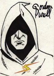 Hooded figure with stern expression on Project Superpowers Sketch Card by Gordon Purcell