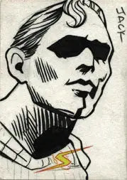 Stylized black and white sketch card of a person’s angular face by Jay Liesten