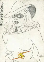 Sketch card of a masked woman in costume with lightning bolt by Jay Liesten