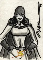Sketch card featuring a superhero-like female figure by John Watson in a dynamic pose