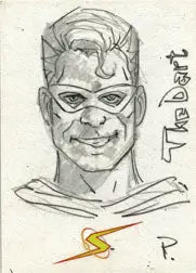 Pencil sketch of a superhero by Mark Pennington on a sketch card for trading cards