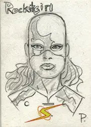 Pencil sketch of a rockstar with lightning bolt on Project Superpowers Sketch Card by Mark Pennington