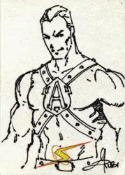 Muscular shirtless man in harness with tools on Mel Rubi sketch card trading card