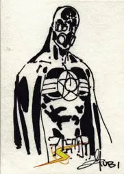Stylized black and white superhero sketch card by Mel Rubi from Project Superpowers