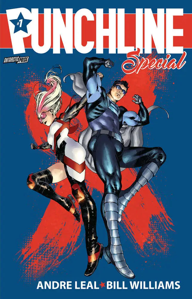 Comic book cover of Punchline Special #1 with superheroes in action for trading cards