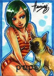 Stylized sketch card by Hanie Mohd featuring a woman with green hair and a French Bulldog