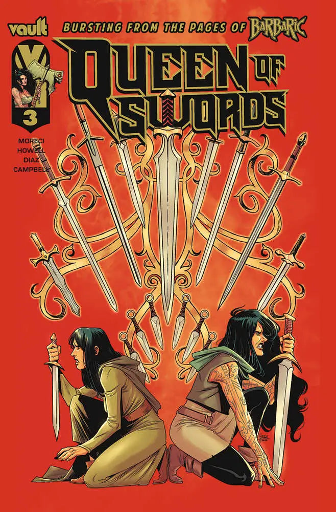 Comic book cover for Queen of Swords featuring two figures and ornate swords illustration