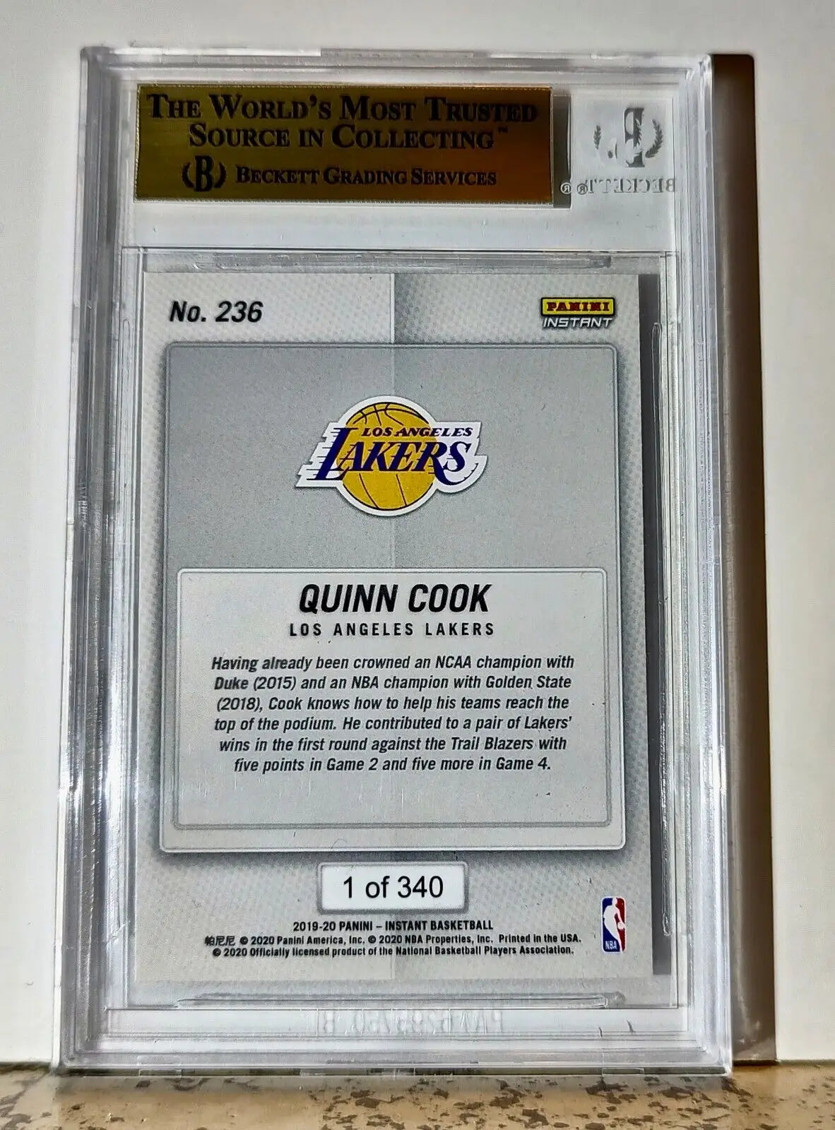 Quinn Cook 2019-20 Panini NBA #236 Card 1 of 340 BGS 9.5 Gem Mint LA Lakers - Basketball Card Single