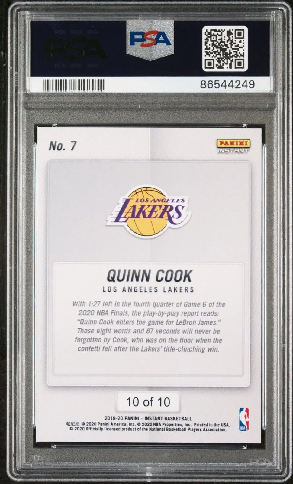 Quinn Cook 2020 Panini LA Lakers NBA Champions #7 Green Card 10/10 PSA 9 Mint - Basketball Card Single