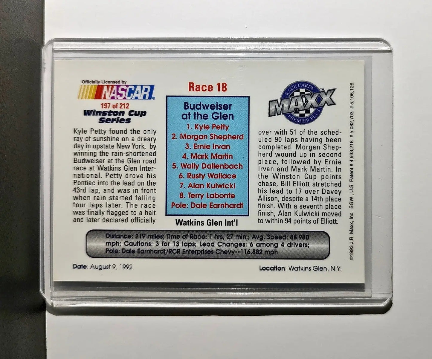 Race 18 Watkins Glen YR 1993 Maxx Premier Plus Racing #197 NASCAR SABCO Racing - Racing Card Single