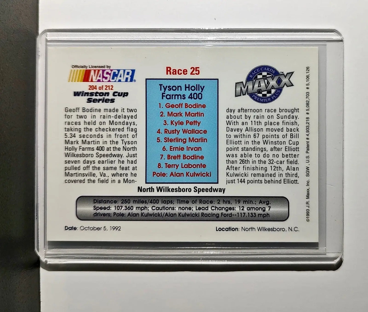 Race 25 North Wilkesboro YR 1993 Maxx Premier Plus Racing #204 NASCAR Card - Racing Card Single