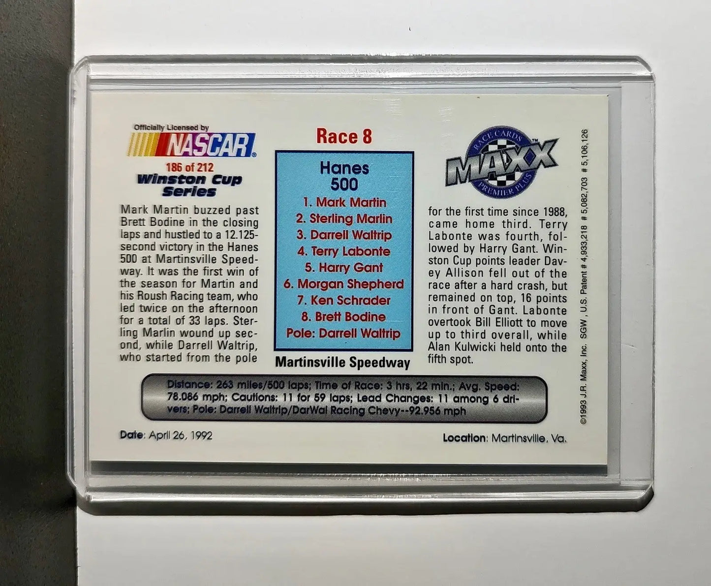 Race 8 Martinsville YR 1993 Maxx Premier Plus Racing #186 NASCAR Roush Racing