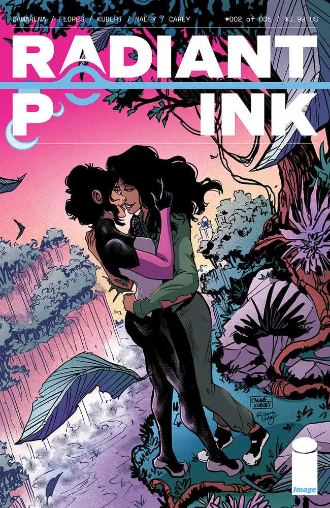 Comic book cover of Radiant Pink #2 features a character with curly dark hair in black attire