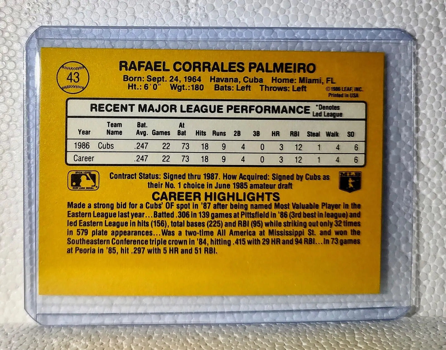 Rafael Palmeiro 1987 Donruss MLB #43 Rated Rookie Baseball Card Chicago Cubs