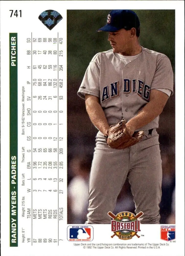 Randy Myers 1992 Upper Deck MLB #741 Baseball Card San Diego Padres