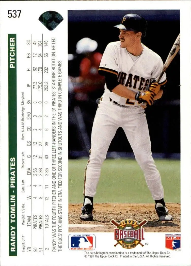 Randy Tomlin 1992 Upper Deck MLB #537 Baseball Card Pittsburgh Pirates