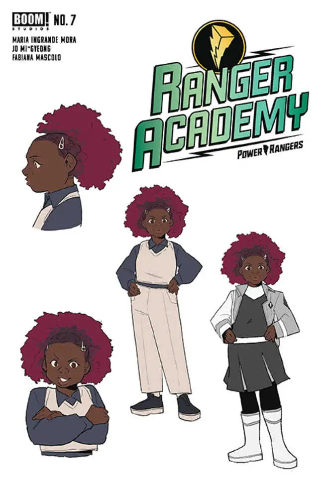Character design sheet for Ranger Academy #7 with figure in varied outfits and poses