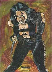 Stylized painting of a woman in black leather on Razor Chromium P4 promo card