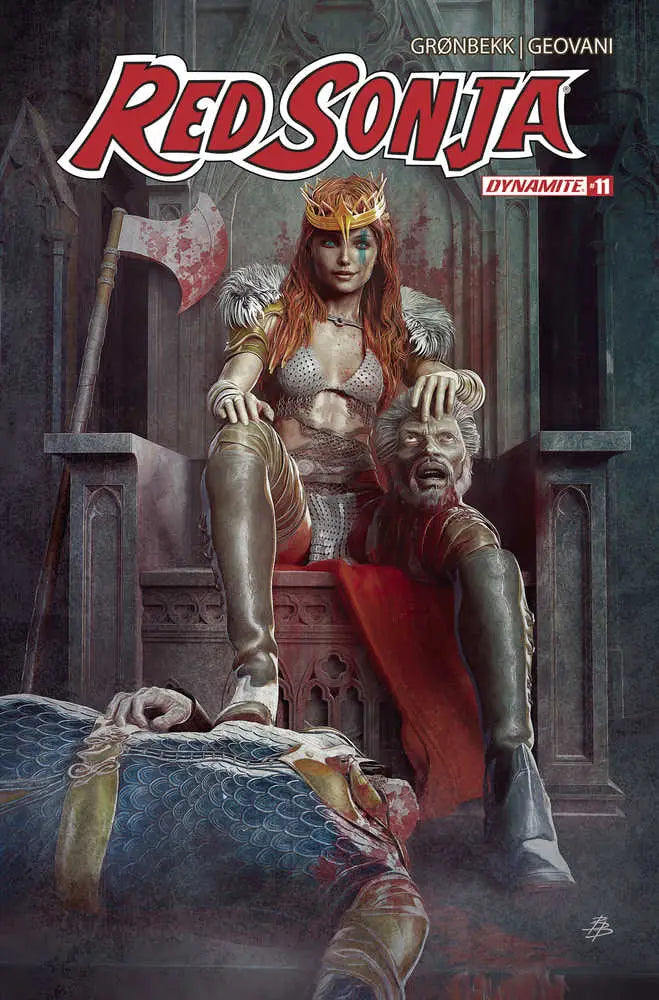 Red Sonja 2023 #11 Cover B Barends with a warrior in armor sitting on a throne