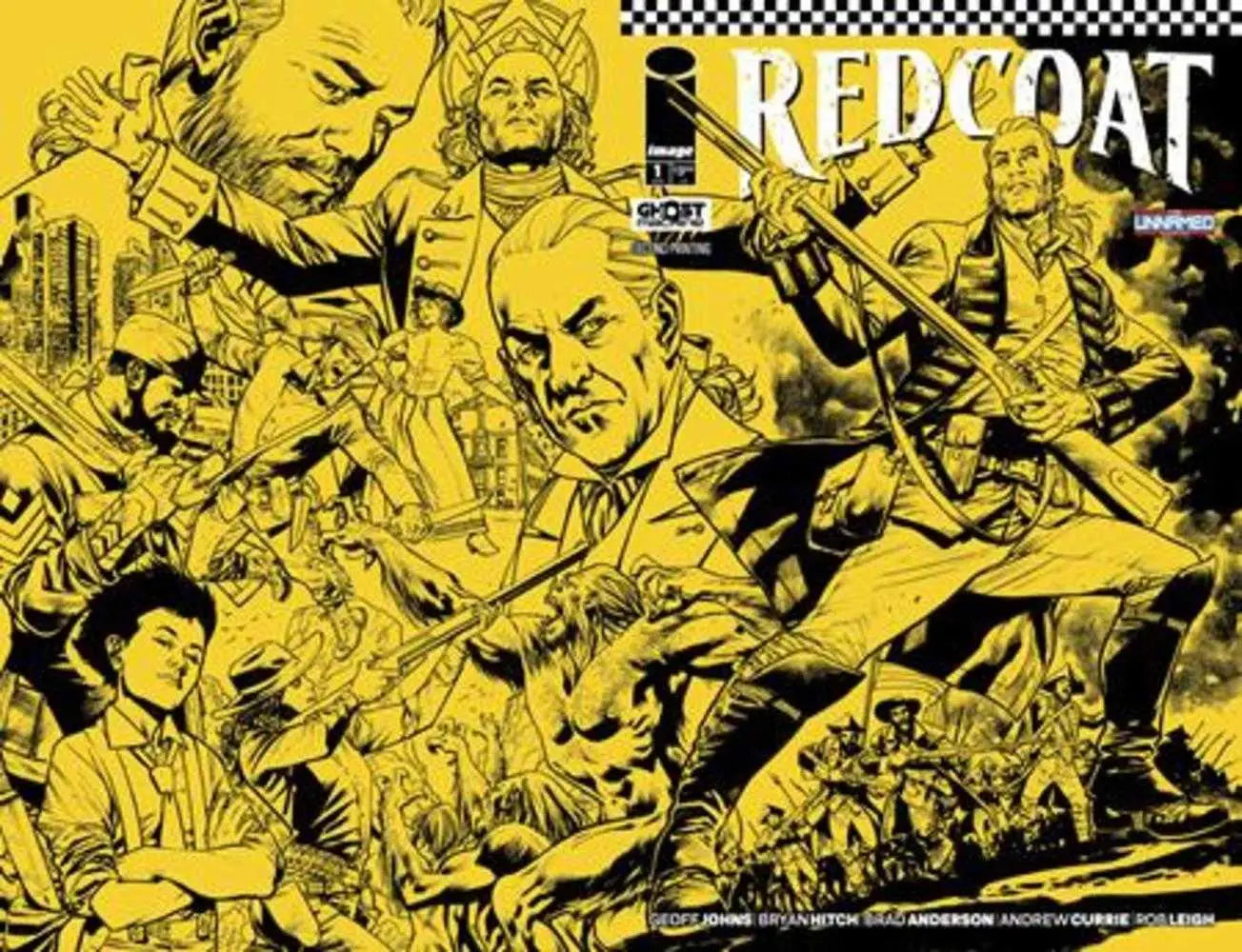 Comic book cover artwork in black and yellow showcasing action characters for Redcoat #1 2nd Print