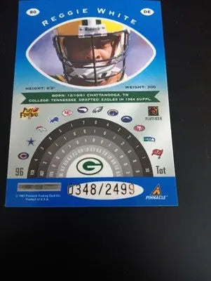 REGGIE WHITE - Pinnacle Certified Platinum Blue #80 0348/2499. Packers. NRMT+ - Football Card Single