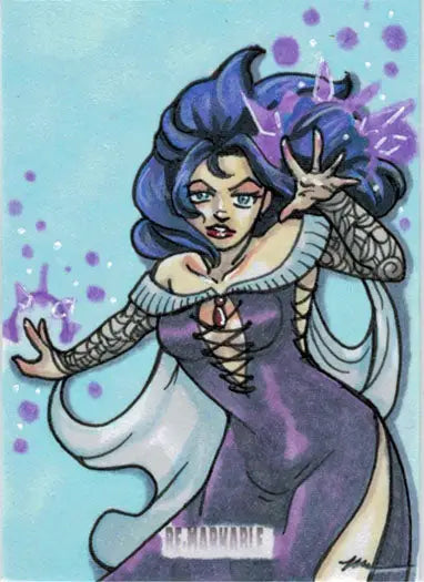Stylized woman with blue hair in purple dress, magical elements on Maegan Cook sketch card