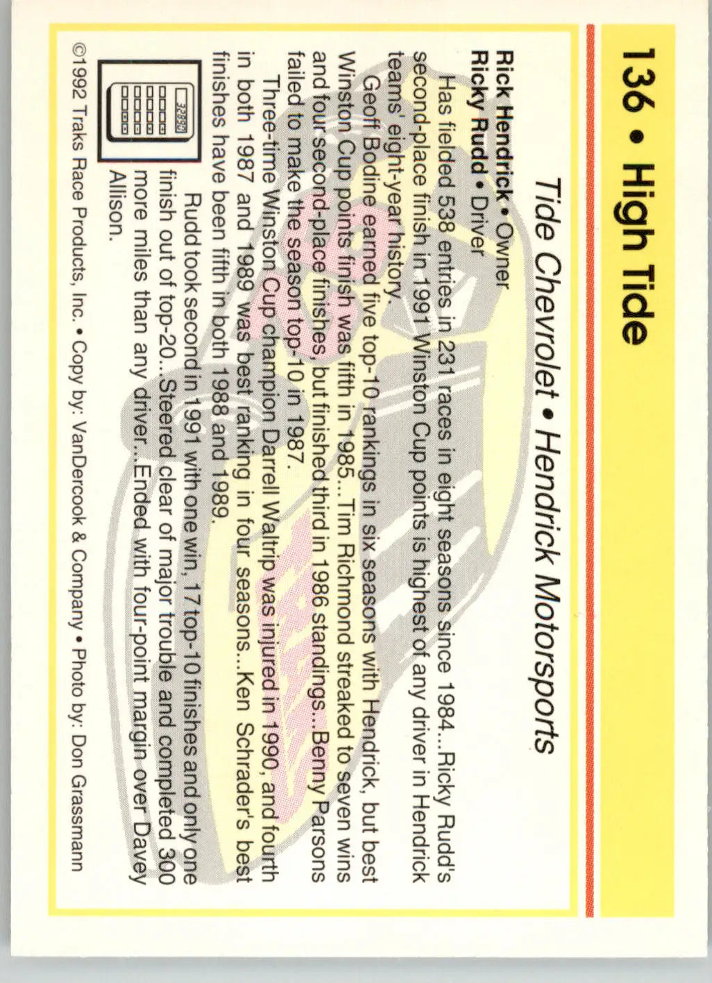 Ricky Rudd / Rick Hendrick - 1992 Traks - #136 - Racing - Racing Card Single
