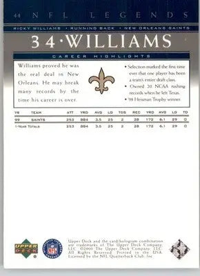 Ricky Williams - 2000 Upper Deck Legends - #44 - Football - Football Card Single