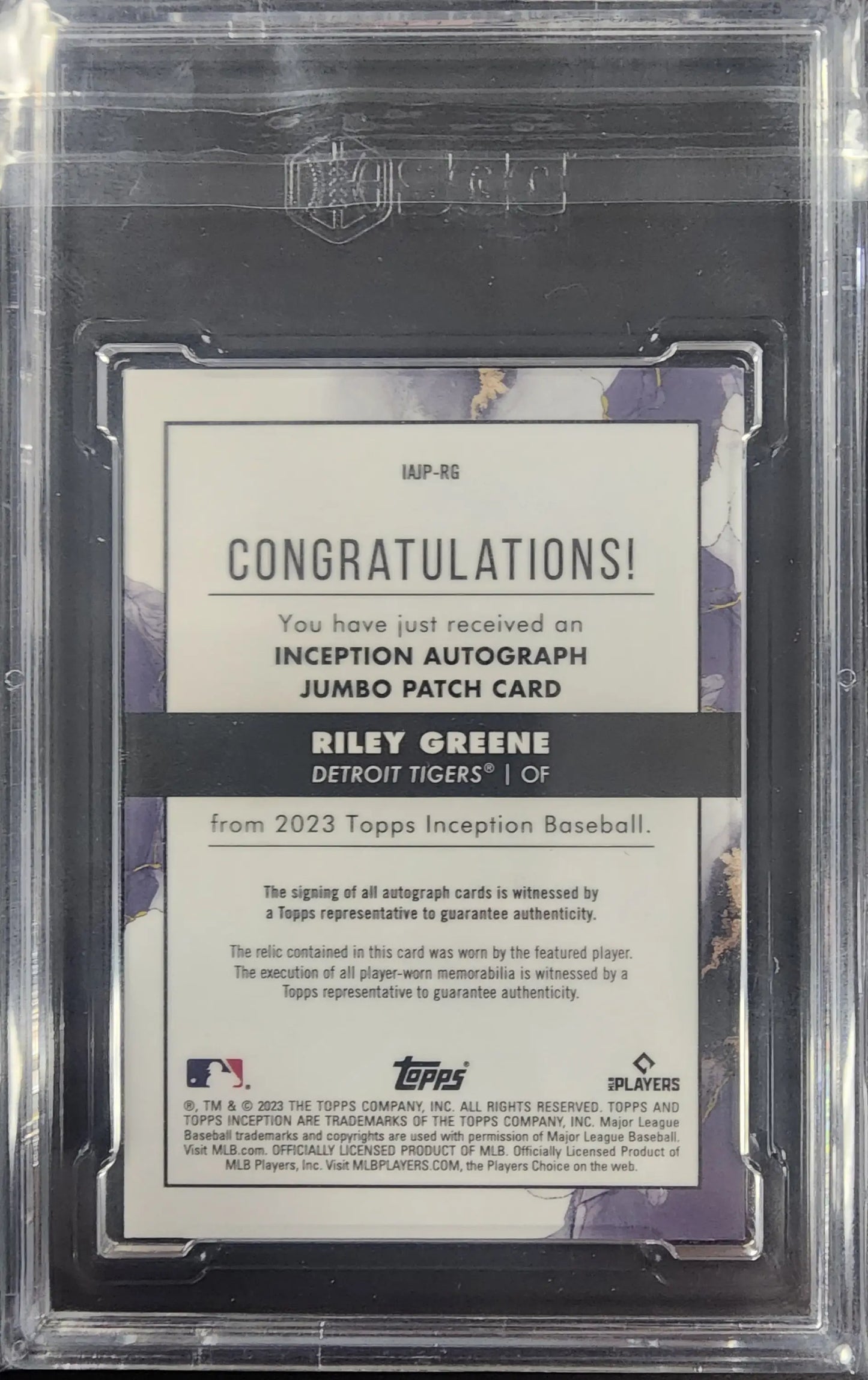Riley Greene 2023 Topps Inception Jumbo Auto Patch Blue #8/10 SGC 10 Auto 10 - Baseball Card Single