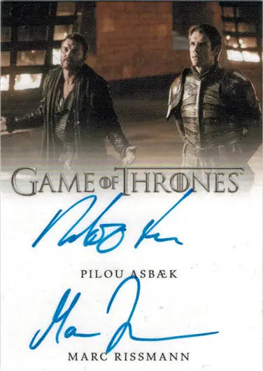 Autographed Game of Thrones Season 8 trading card featuring Asbaek and Rissmann