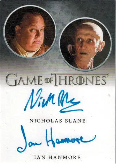 Autographed Game of Thrones Season 8 trading card featuring Blane and Hanmore portraits