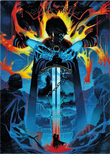 Silhouetted figure with glowing sword in flames on Thrones Season Beautiful Death Chase Card