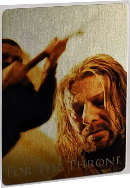 Blonde-haired man with facial hair and closed eyes on Rittenhouse Thrones Season metal chase card
