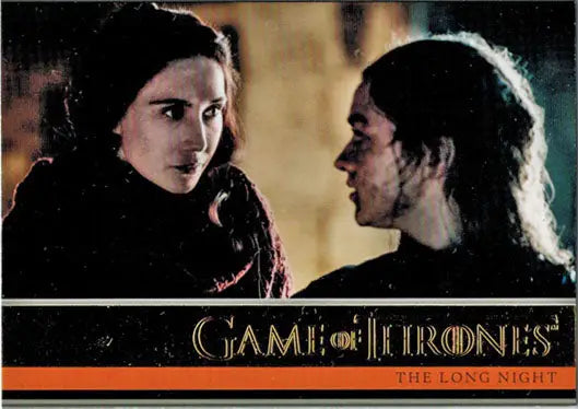 Two women in medieval clothing facing each other in a dim setting from Thrones Season gold parallel trading cards