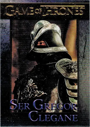 Armored knight’s helmet with glowing red eyes in Rittenhouse Thrones Season 8 Gold Parallel trading card