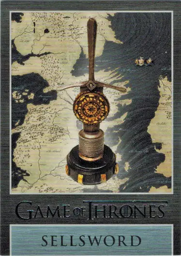 Ornate golden sword hilt atop base with Game of Thrones Season map marker chase card